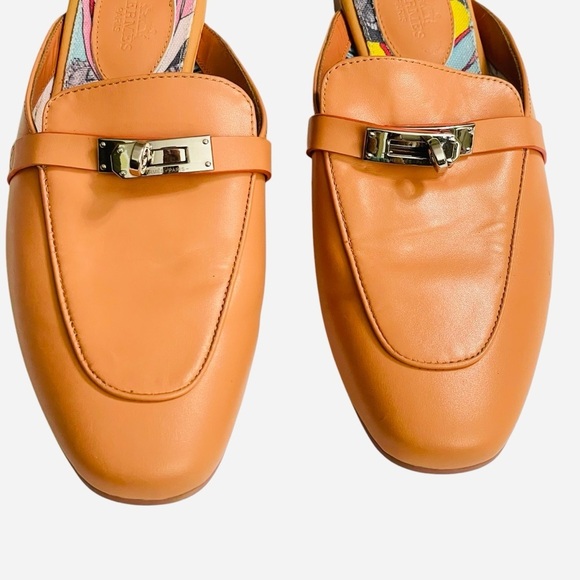 Hermes Alike Peach Leather Palladium Plated Oz Flat Mules Size 39, size 8 US - Picture 3 of 13